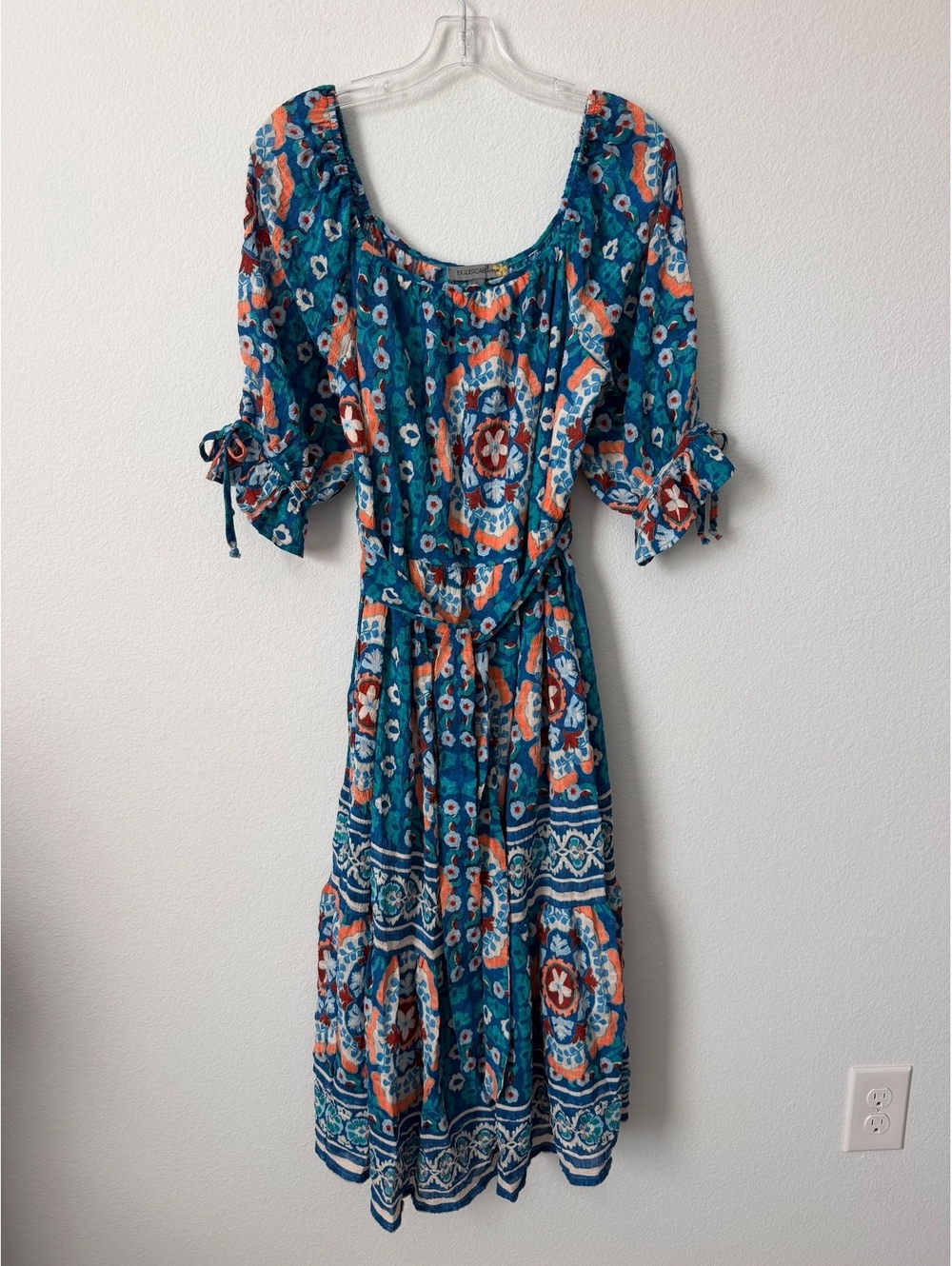 Figueroa & Flower Short Sleeve Scoop Neck Floral Belted Boho Midi Dress Size L